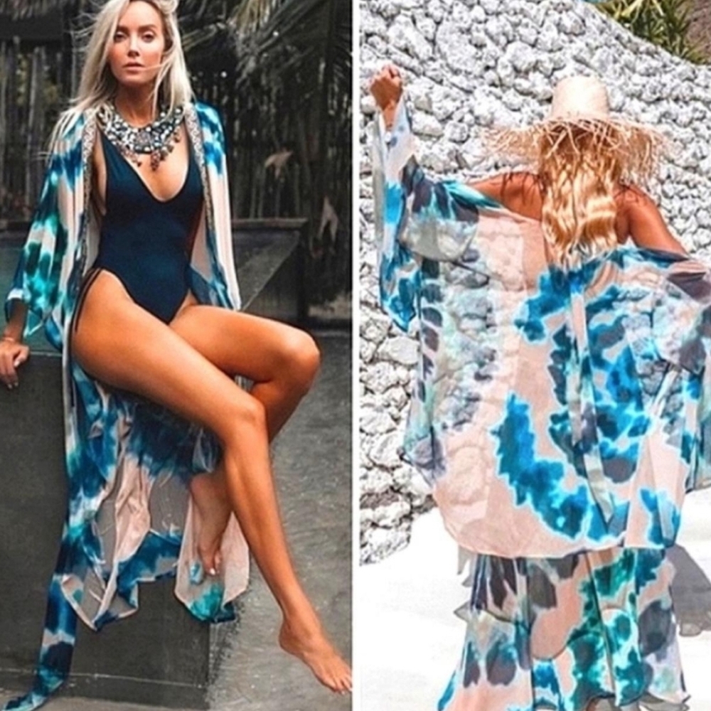 Suki So Blue Ivory Full Length Kimono OS Sheer Beachy Resortwear Cottagecore